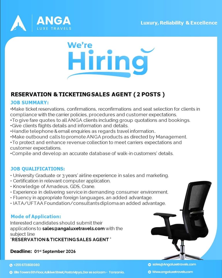 ANGA Luxe Travels job posting for 2 Reservation and Ticketing Sales Agent positions with job requirements and application details