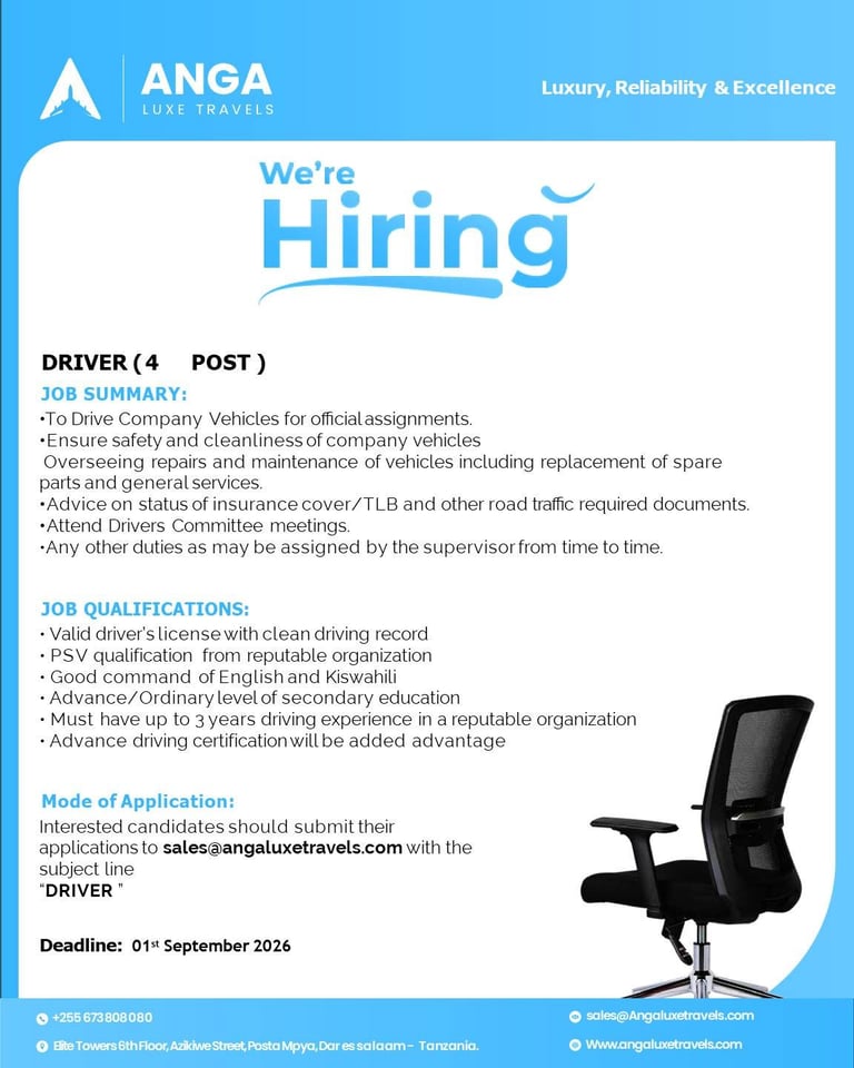 ANGA Luxe Travels job hiring flyer for 4 Driver positions with job requirements, qualifications, and application deadline of September 1, 2026