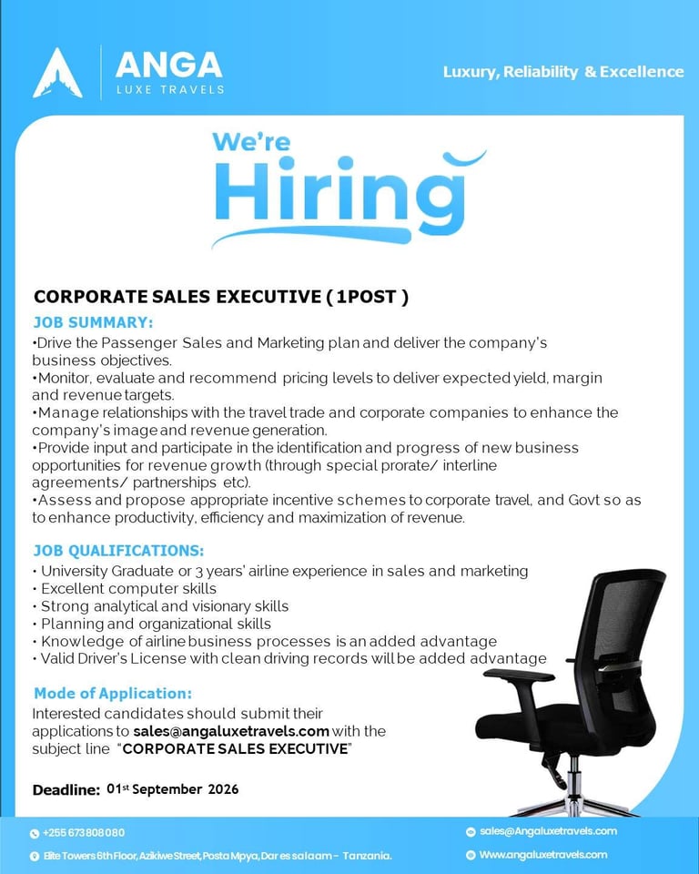 ANGA Luxe Travels hiring poster for Corporate Sales Executive position with job description and application details